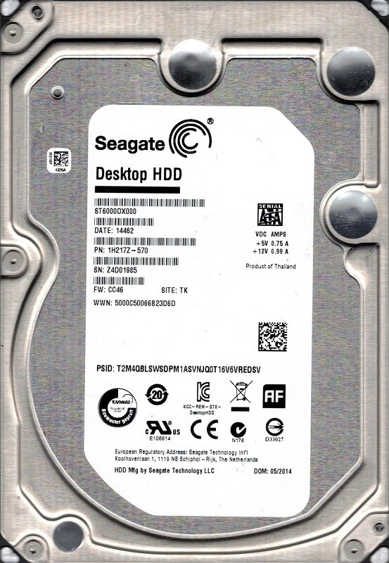 6T （1T×6）HDD （WD.SEAGATE） ST6000DX000 P/N: 1H217Z-570 F/W: CC46 TK Z4D Seagate 6TB Desktop