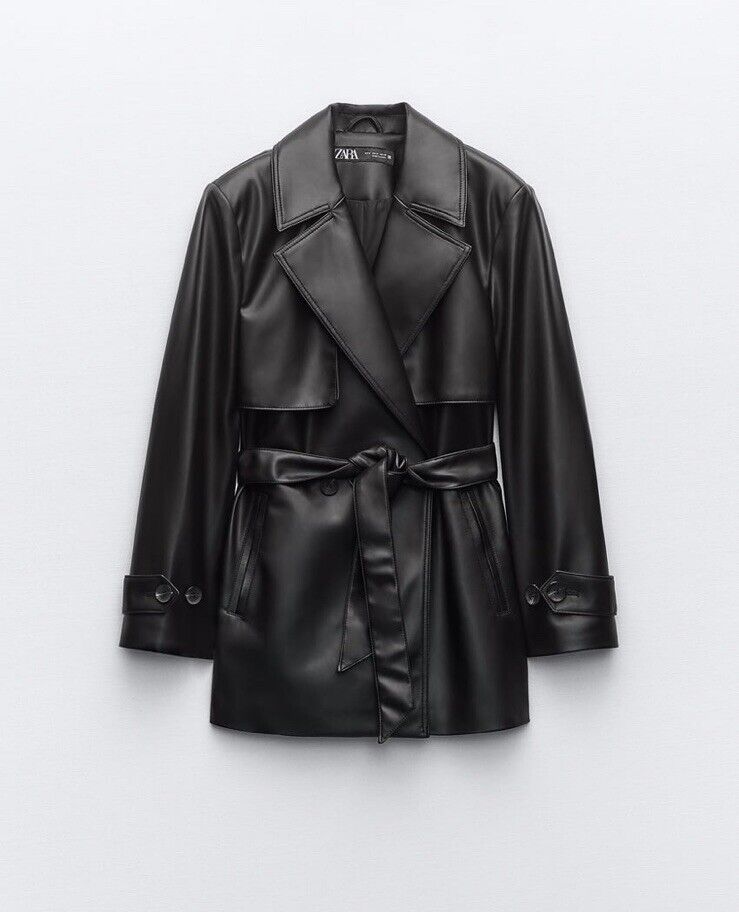 ZARA NEW WOMAN FAUX LEATHER SHORT TRENCH COAT BELTED JACKET ZARA NEW WOMAN FAUX LEATHER SHORT TRENCH COAT BELTED JACKET