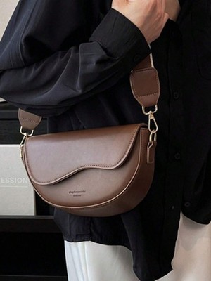 Vintage Half Moon Crossbody Saddle Bag Wide Adjustable Strap Leisure Brown