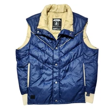 Altra men's vintage 80's puffer vest navy & tan chevron pattern