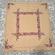Vintage Embroidered Table Cloth Colorful Floral Cross Stitch Crochet Edge 48x53