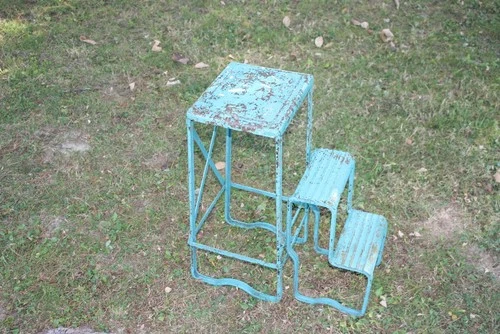 Vintage Distressed Industrial Step Stool Riveted Ladder Seat w/ fold out Steps