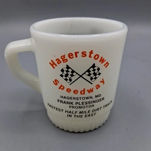 Hagerstown Speedway Anchor Hocking Milk Glass Promotional Coffee Mug Vintage