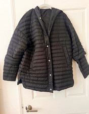 ADD Women’s Black Hooded Quilted Down Puffer Jacket Nylon Short Snap L