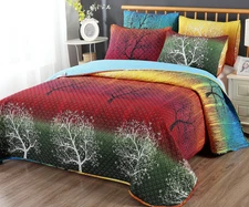 Queen Size Rainbow Tree Quilt/Bedspread/Coverlet Set: 1 Quilt & 2 Pillow Shams