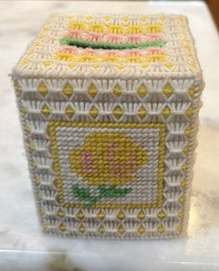 Vintage Handmade Needle Point Yellow Plastic Flower Tissue Box