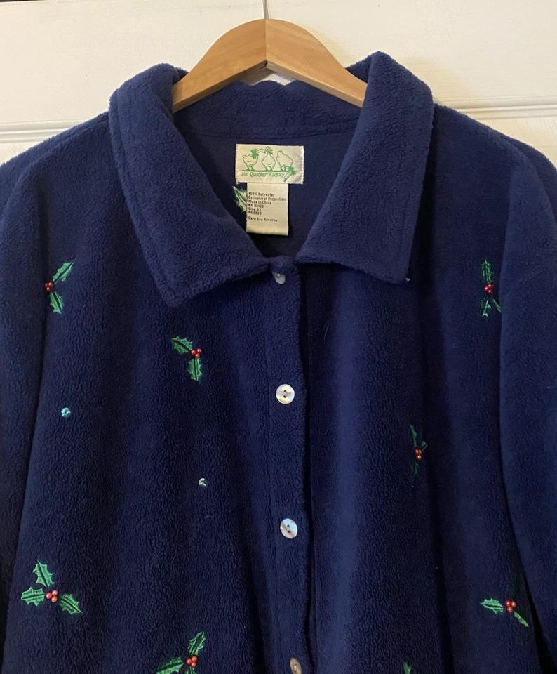 Quacker factory Blue Fleece Christmas Button up Jacket size 3X embroidered,beads - Image 2 of 4