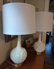White Floral Ceramic Table Lamp w/ Gold Accents, Drum Fabric Shade Included