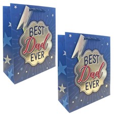 Fathers Day Gift Bags Set of 2 Best Dad Ever Blue and Silver Foil 33cm x 26.5cm