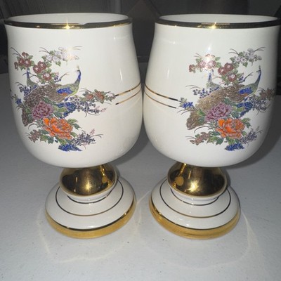 Lot Of 2 Vintage Fakiolas Greece Decorative Vase 24k Gold Trimmed Peacock