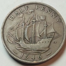 1946 Great Britain 1/2 Half Penny Coin ~ KM#844 ~ 26MM ~ King George VI ~ GB110