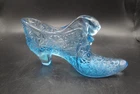 Vtg Fenton Daisy Button Cat Head Sky Blue Glass Slipper-Glows Under UV Light!
