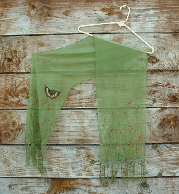 Long 60" Hand Painted Butterfly Silk Scarf hand rolled Sheer art to wear Artisan
