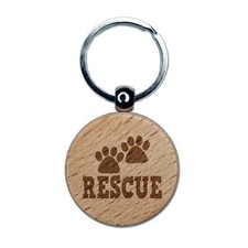 Rescue Cat Dog Paw Print Engraved Wood Round Keychain Tag Charm