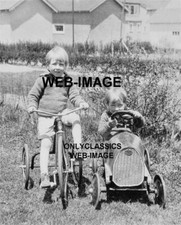 1932 CUTE TWIN RASCAL BOYS RIDING TRICYCLE BICYCLE OLD PEDAL CAR PHOTO AMERICANA