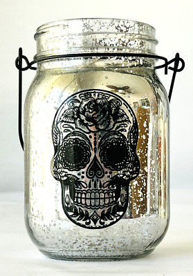 Halloween Mason Jar Sugar Skull Mercury Glass Silver Black 5'' Add Votive Candle