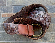 TARNISH WOMEN'S WIDE WOVEN BROWN LEATHER BELT 2.75" WIDE W/BRASSS BUCKLE 44" LG