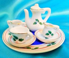 Vintage MISTLETOE CHRISTMAS FLOWER PORCELAIN MINI TEA SET FIGURES