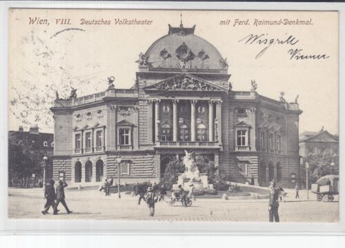 AK Wien VII, Deutsch. Volkstheater m. Raimund-Denkmal 1906 - Foto 1 di 2