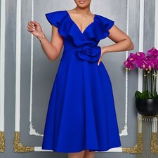 Women's Cap sleeve A-line Dress with Pleat Flower Details Plus Size Midi Dress