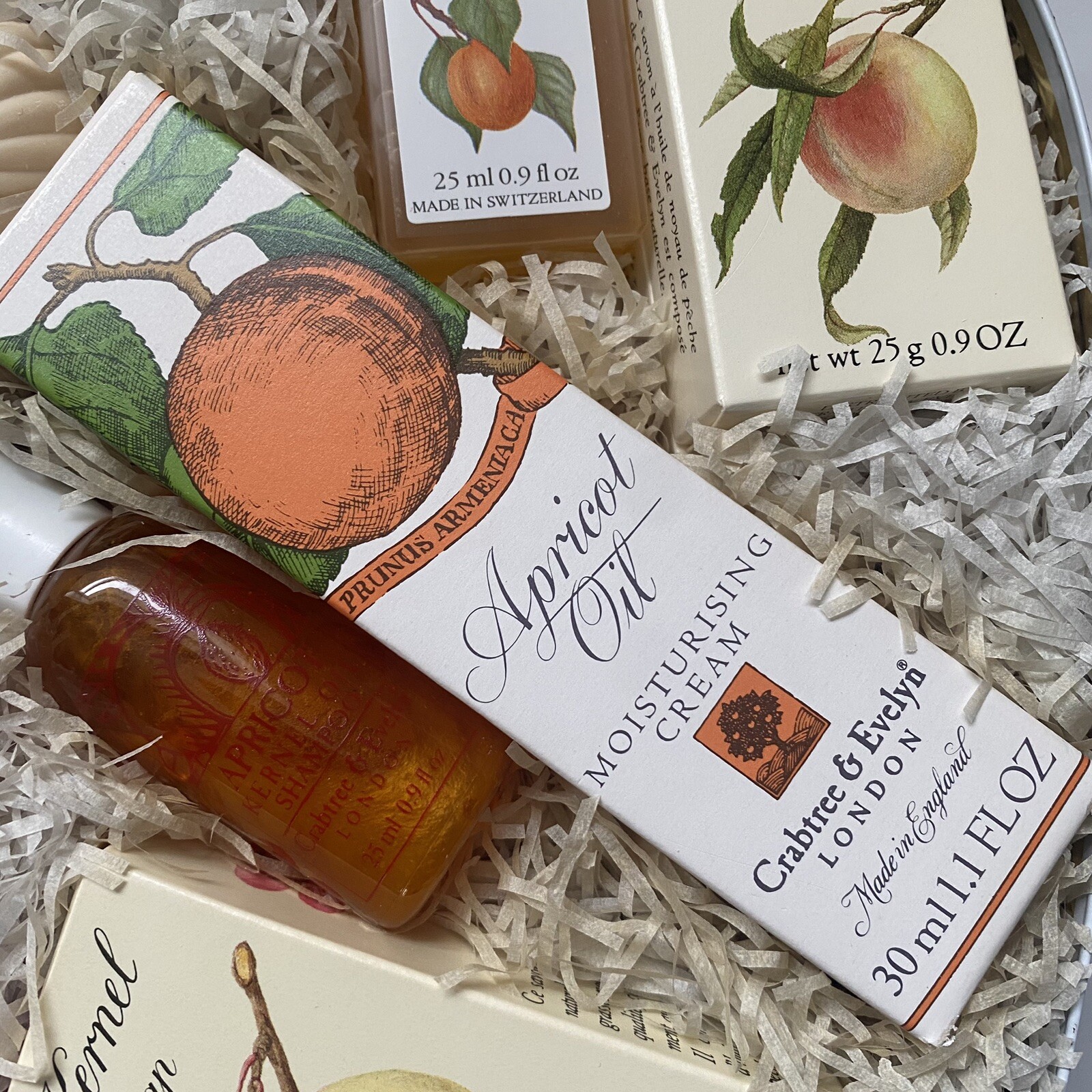 Crabtree & Evelyn Heart Tin Full Of Peach Kernel Apricot Soaps Oil Lotion 1985