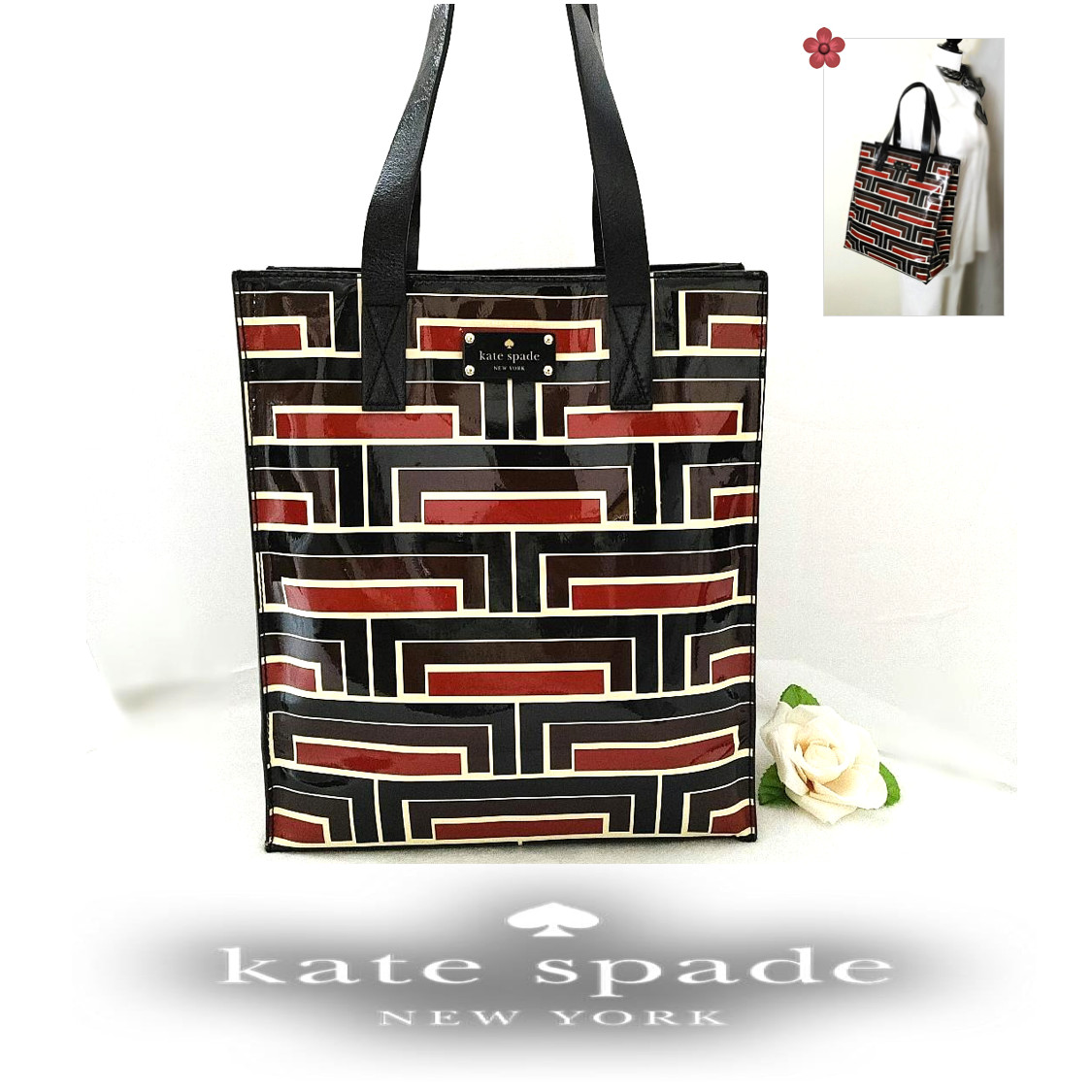 KATE SPADE Tall Tote Bag Patent Leather Brown Red Bla… Gem
