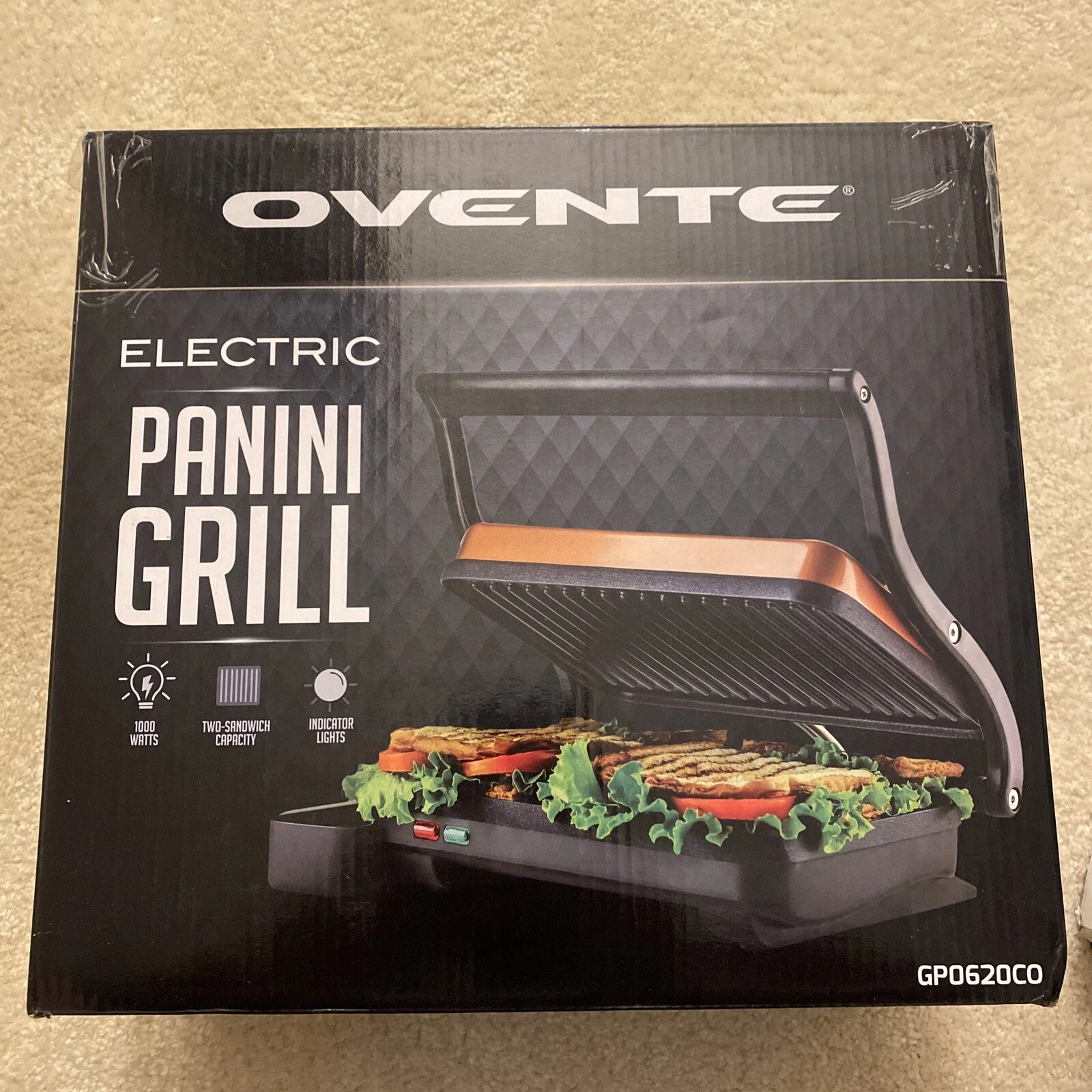 OVENTE GP0620CO Electric Panini Press Grill - Copper. 1000 Watts 2 Sandwich NIB