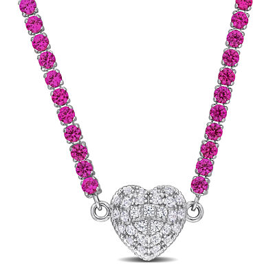 Amour Silber 17 1/2 kt TGW erstellt rosa & weißer Saphir Herz Halskette - 17 Zoll