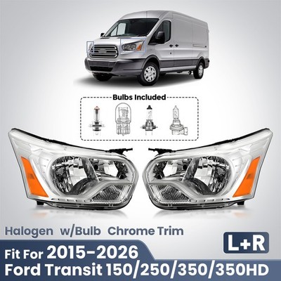 For 2015-2026 Ford Transit 150/250/350/350 HD Halogen Chrome Headlight LH+RH