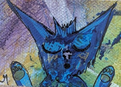 ACEO Cat Painting Original Fluffy Kitten Yoga Landscape Folk Art By Josh Merritt