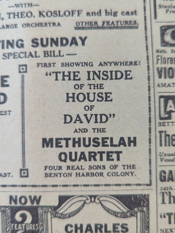 AUG 2, 1923 NEWSPAPER PAGE #1771- HOUSE OF DAVID, BENTON HARBOR COLONY MOVIE AD