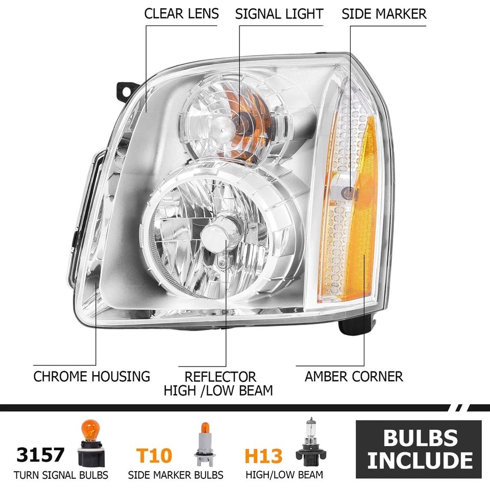 Conjunto de faros cromados de 2 piezas para GMC Yukon XL 1500 2500 2007-2014 Foto 2 de 4