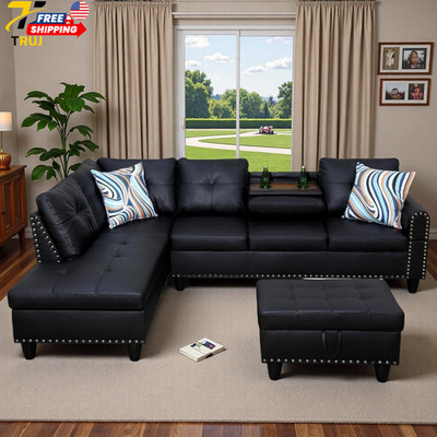 L Shaped Modular Couch Set with Storage Ottoman Black Leather 4 Seats for Apartm