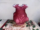 1950’s FENTON L.G. Wright 8" Embossed Puffy Rose Pink Glass Overlay Satin Vase