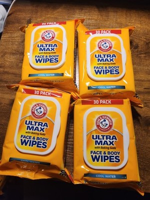 Arm & Hammer Ultra Max Face & Body Wipes Cool Water 30 Wipes. 4 Packs.