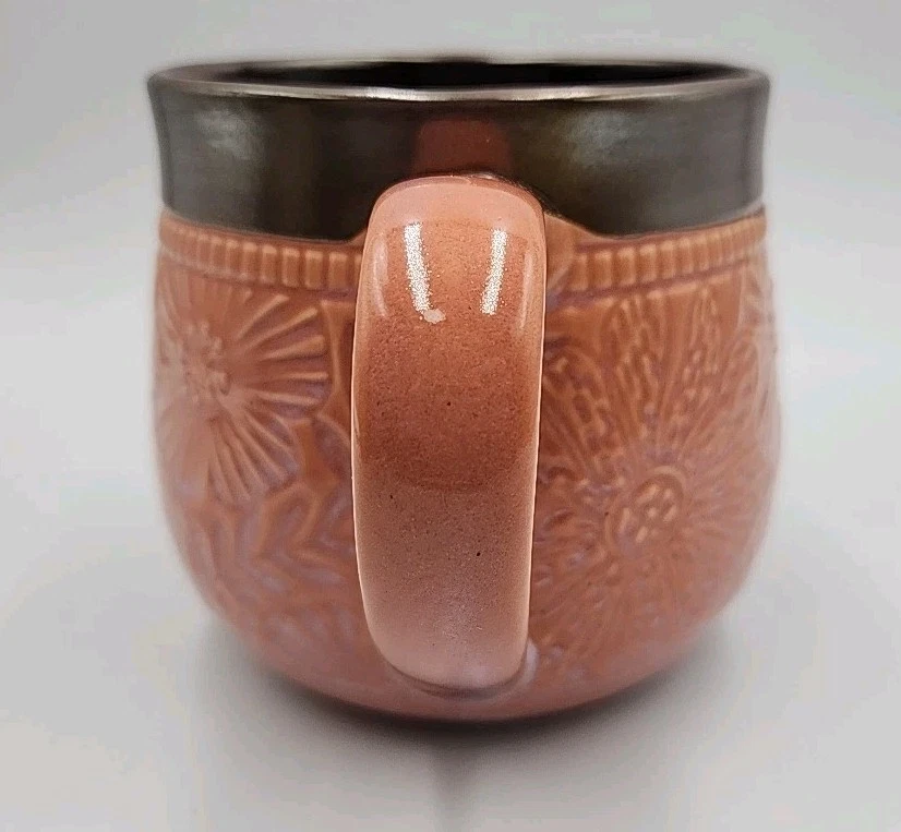 Potter's Corner Embossed Flower Stoneware Mug Dusty Coral w/ Bronze Metallic Rim - Image 2 of 4