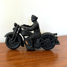 Vintage Police "Patrol" Motorcycle Die Cast Iron Toy Black Moving Wheels