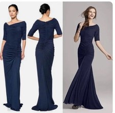 Tadashi Shoji Dress Asymmetric Ruched Formal Evening Gown Mesh Blue Maxi L