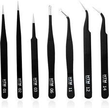 Precision Micro Tweezers 7-Piece Set   Sharp, Curved  Serrated for Craft, Jewel
