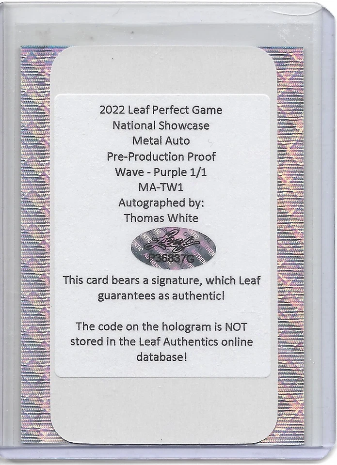 2022 Leaf Metal Perfect Game THOMAS WHITE Autograph 1/1 Proof MIAMI MARLINS - Image 2 of 2