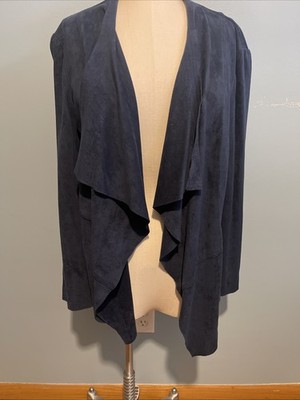 V CHRISTINA Navy Large STRETCHY Faux Suede DRAMATIC Waterfall Open Jacket