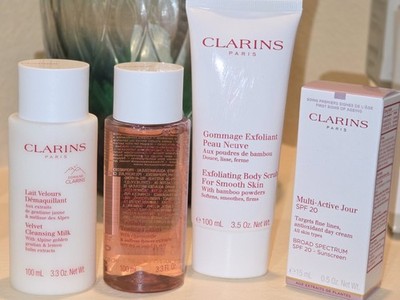 Clarins Skincare Bundle Cleansing Milk Toning Lotion Body Scrub SPF Day Cream