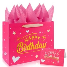 Yixiang Birthday Gift Bags,13 Inches Large Pink Happy Birthday Gift Bag Set with