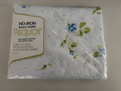 Vintage Pequot No-Iron Luxury Muslin Blue Rosebuds Double Flat Sheet NIP NOS