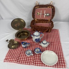 Vintage Childs Toy Picnic Tea Set Wicker Basket Porcelain Dishes Brass Lot