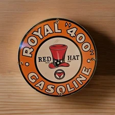 VINTAGE  RED HAT ROYAL "400" GASOLINE PORCELAIN GAS STATION PUMP SIGN OIL