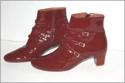 HEYRAUD Bottines Tout Cuir Vernis Bordeaux 3 Lanières T 39 TBE - Photo 1/4