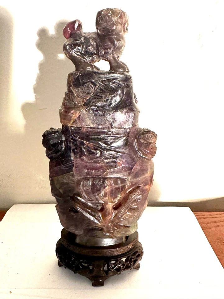 中国古董深雕花瓶,带盖支架 — 第 2/4 张图片