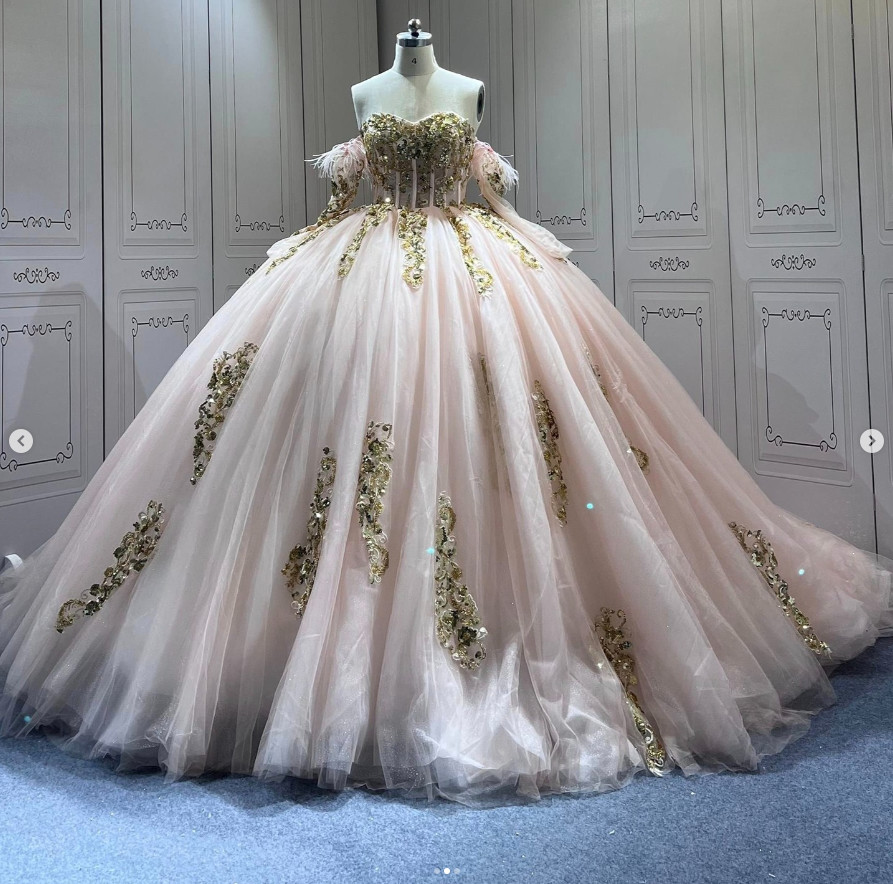 blush pink and gold wedding dress Gold & Blush Floral Embroidered Beaded A-Line Wedding Dress main image 0