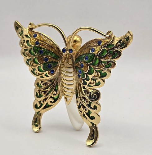 Goldtone Butterfly Blue Crystal Jeweled Glass Perfume Bottle w/ Dobber 4"Wx3.5"H - Picture 2 of 8